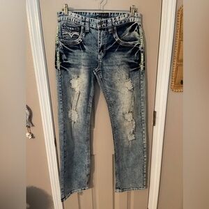 Rue21 Black Premium Y2K bootcut low rise distressed acid wash men’s jeans. 30x32